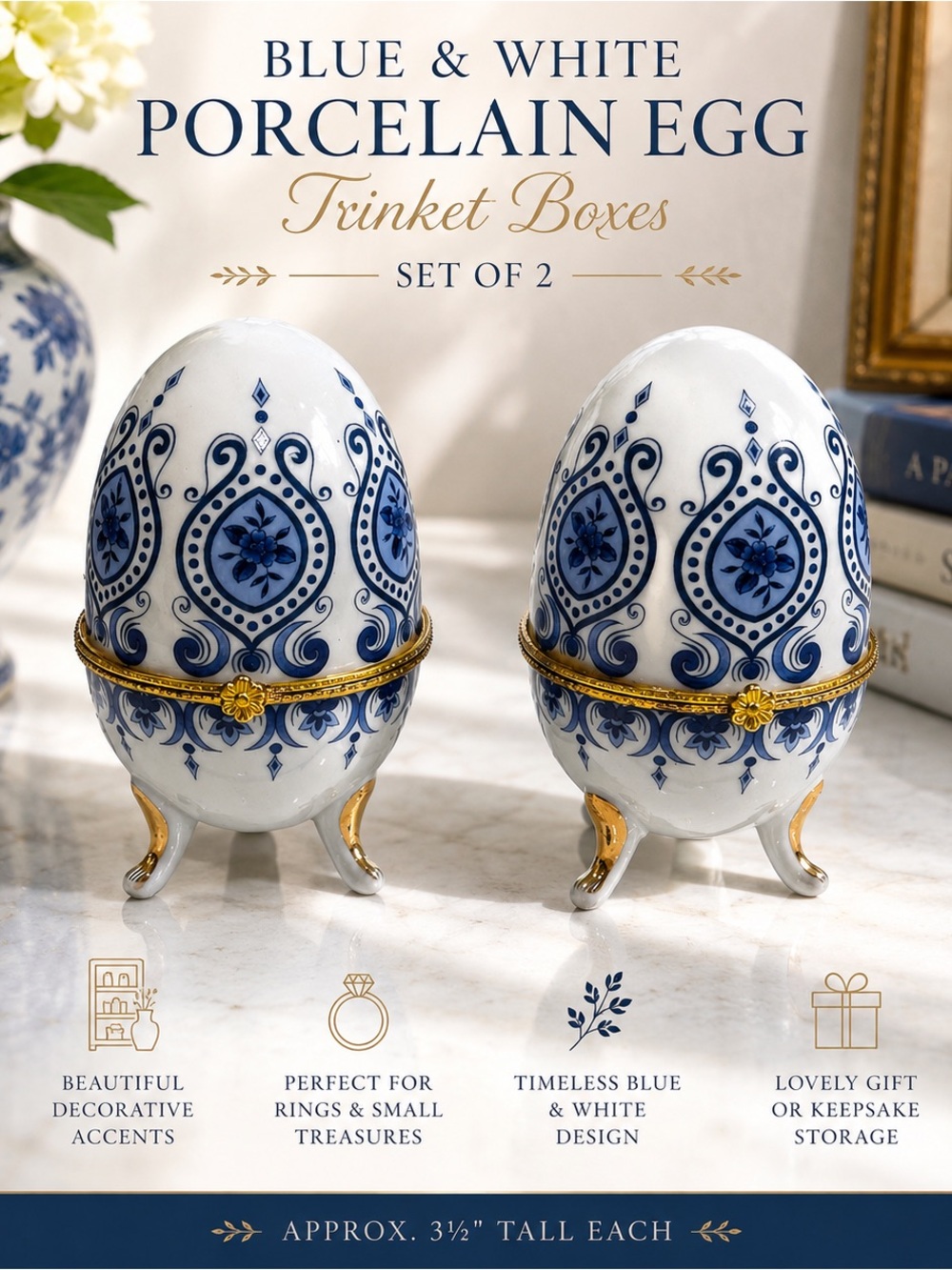 Blue & White Porcelain Egg Trinket Boxes - Set of 2